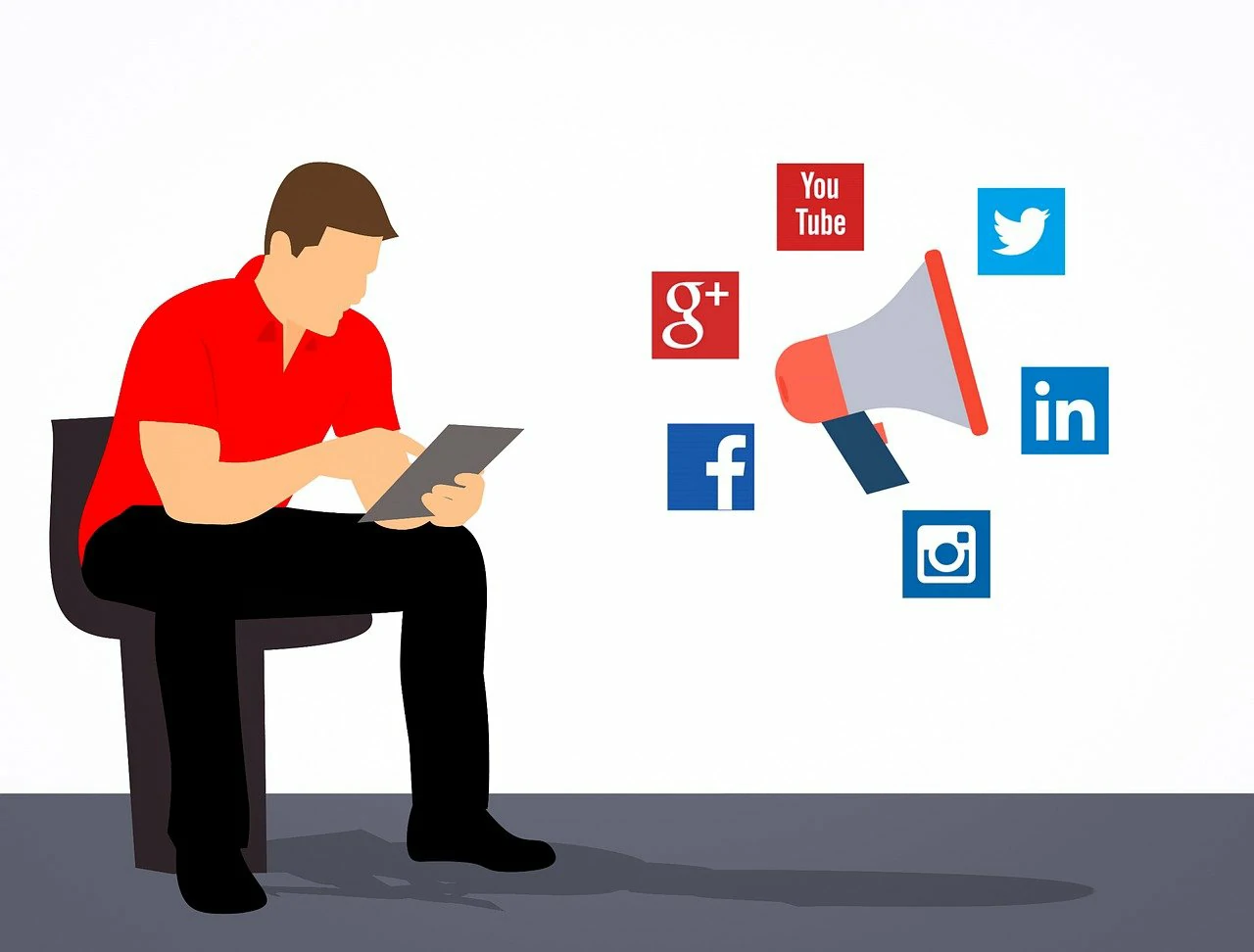 social media banner showing man sitting on a chair using a tablet with social media icons revolving around a megaphone in front of him.